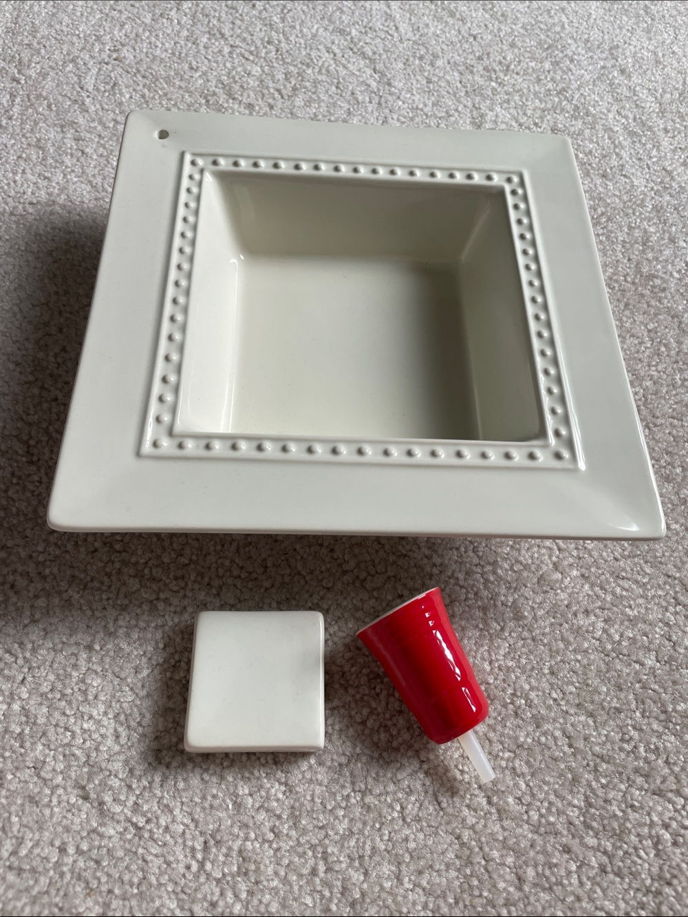 Nora Fleming Cream Ceramic Napkin Tray with Beaded Rim and Red Solo Cup